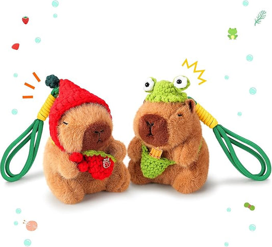 Achwishap 2PCS Capybara Plush Keychain,Cute Keychain Capybara Stuffed Animal,Soft Capybara Plush Toys Key Chain,Kawaii Plushie Weaving Hat Stuffed Toys for Kids Adults(Red Strawberry,Green Corn)