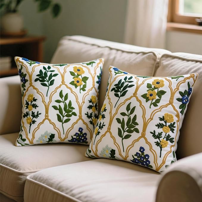 Alysheer Spring Summer Floral Embroidered Decorative Throw Pillow Cover 18"x 18" Set of 2, Flower Leaves Embroidery Patterned Multicolor Cushion Case for Sofa Couch Living Room Bedroom Outdoor
