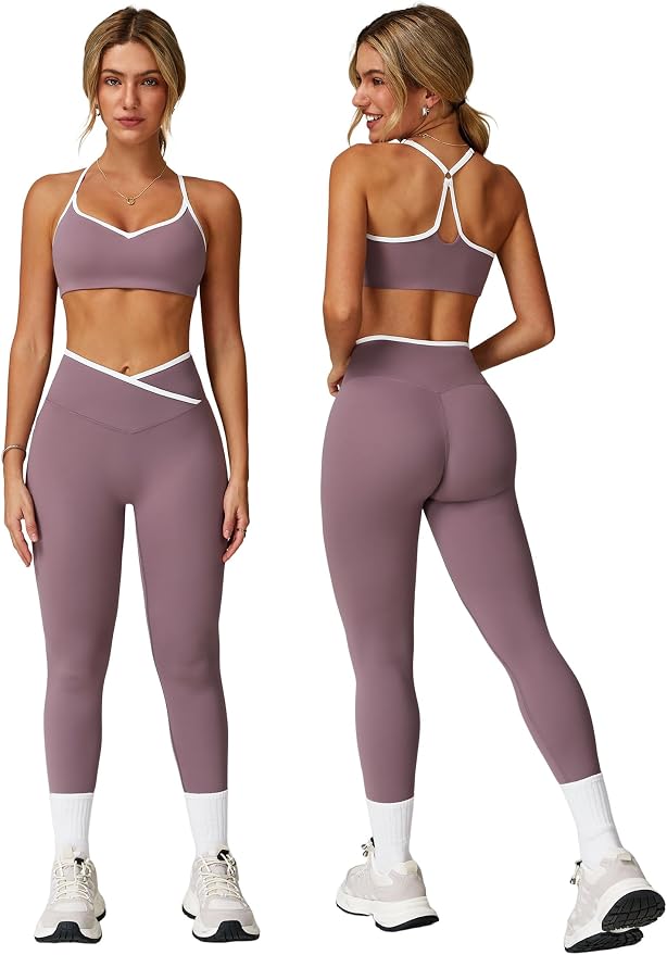 ABOCIW Workout Sets for Women 2 Piece Color Block Strappy Sports Bra High Waist Shorts Gym Yoga Pilates Outfits