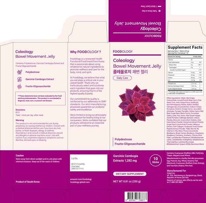 FOODOLOGY Coleology Bowel Movement Jelly, Grape & Prune, 10 Sticks | Prebiotic Fiber Supplement for Gut Health & Immune Support, Constipation & Bloating Relief, Korean Wellness