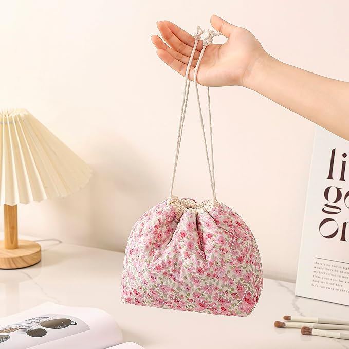 Cotton Quilted Drawstring Makeup Bag with Canvas Lining,Coquette Aesthetic Cute Travel Toiletry Bag,Drawstring Gift Bag for Women and Girls（18 Watercolor Pink Flower）