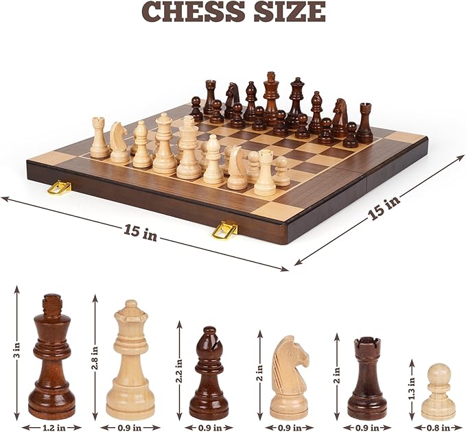 15-Inch Magnetic Wooden Chess Set – Foldable Wooden Chess Board with Magnetic Pieces, Portable Travel Chess Sets for Adults, Classic Board Game with Secure Storage Box