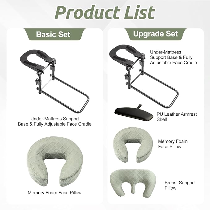 Massage Headrest for Bed, Adjustable Massage Face Cradle at Home, Portable Massage Table Kit for Sleeping Mattress, Face Down Pillow After Eye Surgery (with Armrest Shelf & Breast Pillow)