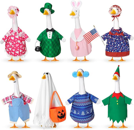 8 Set Seasonal Holiday Goose Outfits Fall Halloween Christmas Summer All Seasons Lawn Porch Goose Clothes Costume for 23" Cement Statue Garden Patio Outdoor Decoration(Basic Style)