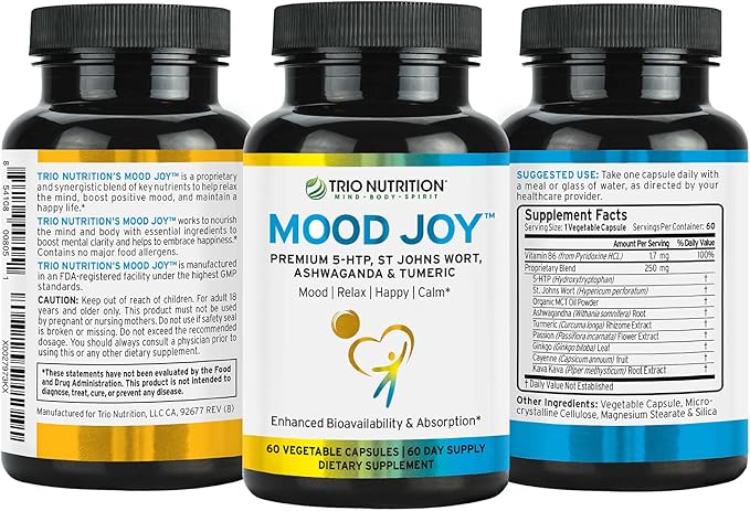 Trio Mood Joy | Premium 5-HTP, St Johns Wort, Ashwagandha & Turmeric | Ashwagandha Capsules to Promote Natural Calm & Relaxed Mood | Mood Support Supplement | 60 Day Supply*