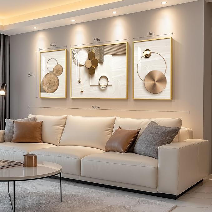 Large Framed Modern Luxury Gold Wall Art for Living Room, 3 Piece Bright Style Art Prints Wall Paintings Artwork for Walls, Bronze Gold Geometric Pictures for Dining Room Bedroom Office Wall Decor