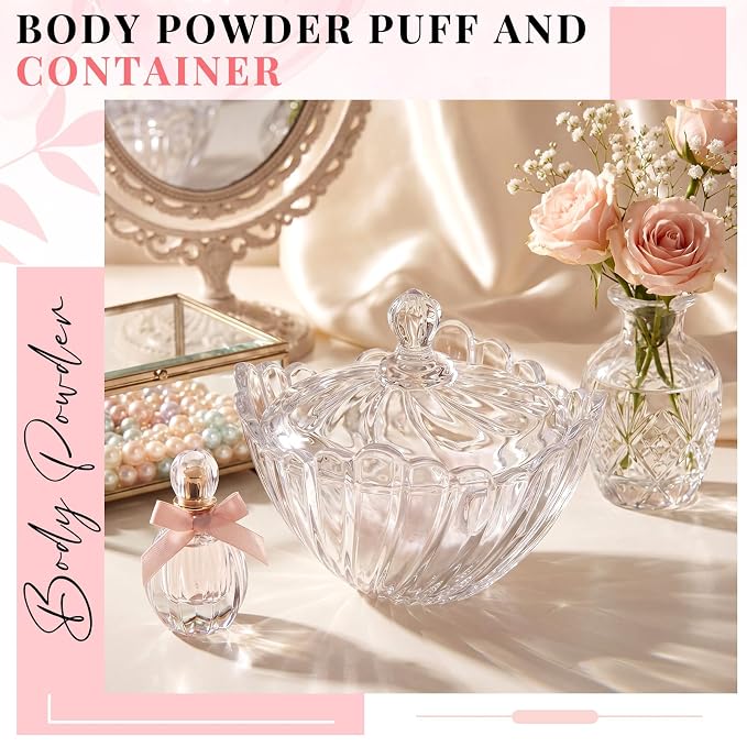 Tioncy 2 Pcs Extra Large Dusting Powder Puff and Container for Women-6'' Glass Crystal Dusting Powder Container Soft Washable Reusable Velour Face (Clear,Swirl)