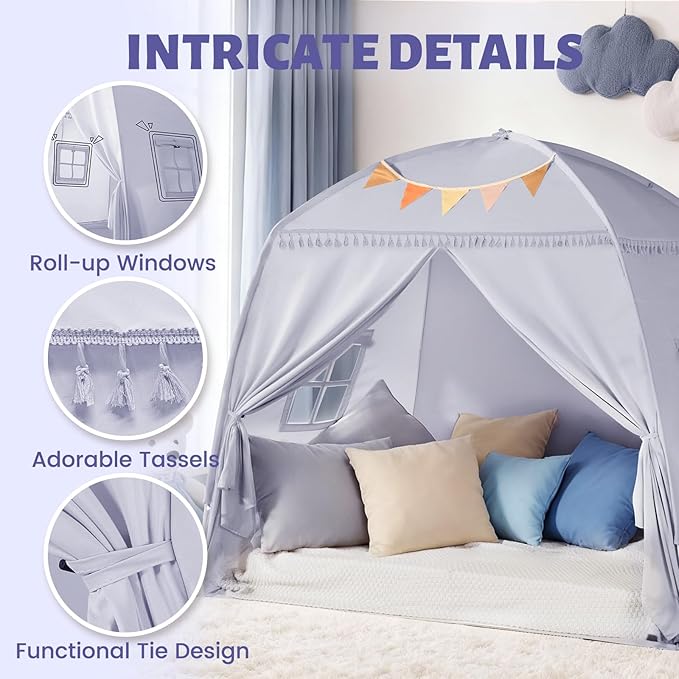Sumbababy Large Teepee Tent for Kids: with Star Lights - Tent Indoor Kids Teepee Tent for Boys & Girls - Kids Play Tent Inside Canopy Bed for Playroom Gift Toys (Gray)
