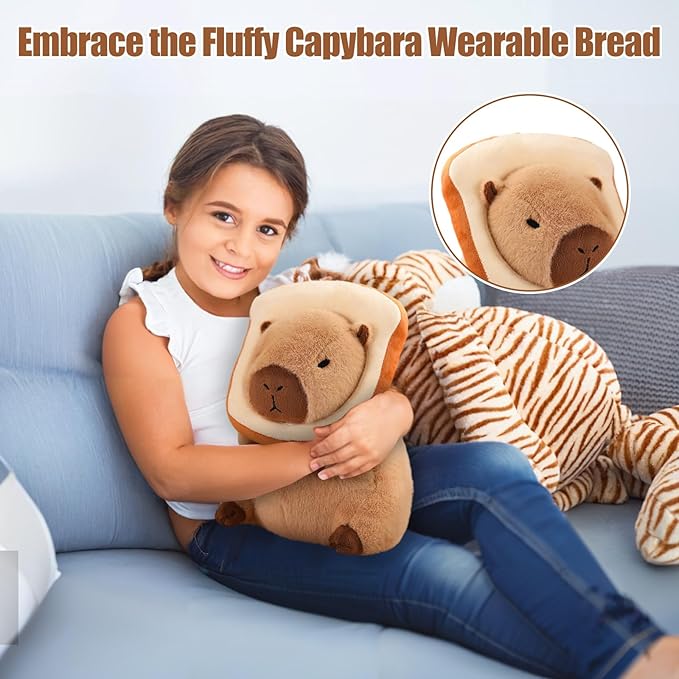 12" Capybara Plush Toy Kawaii, Cute Capybara Stuffed Animal with Wearable Bread, Soft Plushies Doll Bread Pillow for Girls Boys Kids Adults, Birthday Decorations Gifts Toys