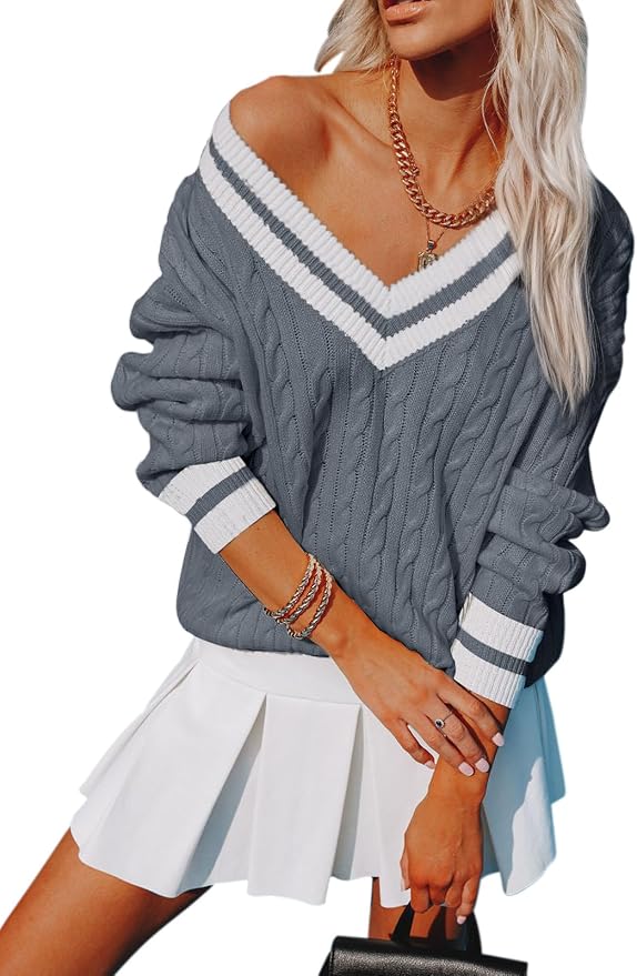 Aoudery Womens V Neck Oversized Sweaters Long Sleeve Cable Knit Pullover Striped Chunky Sweater Casual Tennis Tunic Tops