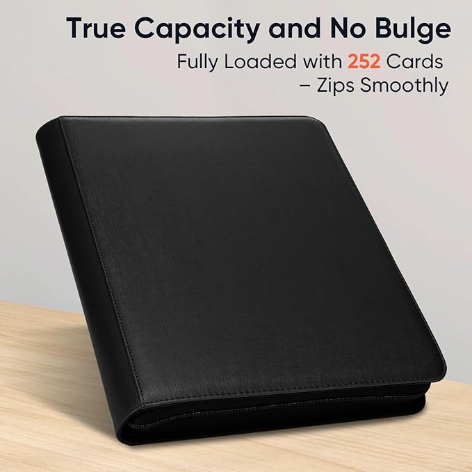 Top Loader Binder - 9 Pocket, Holds 252 Toploaders, 9 Toploaders Included, Card Storage for Trading Cards in 3 x 4'' Toploader, Premium Zippered PU Toploader Binder for TCG, Sports Cards