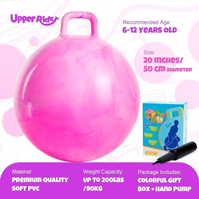 Upper Rider 20 Inch Clouds Hopper Ball for Kids Ages 6-12, Purple Pink Bouncy with Handle, Extra-Large Inflatable Jumping Ball with Pump and Gift Box, Indoor Outdoor Balance Toy for Girls and Boys