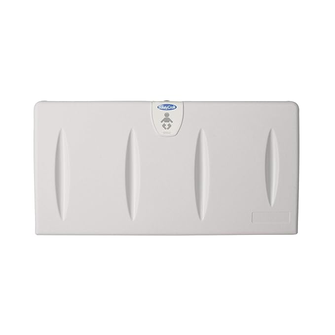 SafetyCraft Horizontal Wall-Mounted Baby Diaper Changing Station - Easy to Clean, High-Density Polyethylene w/Heavy Duty Steel Hinge - Built-in Liner Dispenser for Hooking Purse or Bag, Light Gray