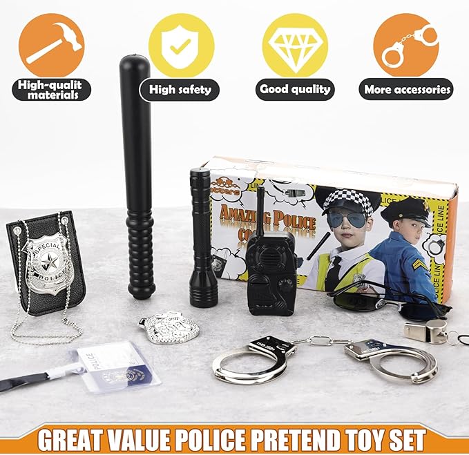 3 otters 9PCS Police Pretend Play Toy Set, Police Accessories for Kids Include Badge, Handcuffs, Walkie, and More for Dress Up Party, Role-playing, Christmas Gift for Kids 3-8
