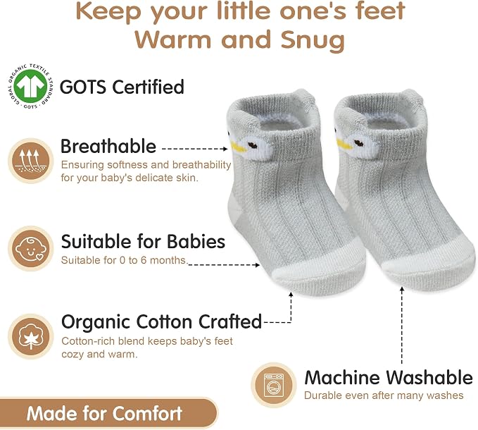 Organic Cotton GOTS Certified Non-Slip Baby Socks 0-6 Months - 7 Pairs Soft Breathable Newborn Socks Animal Design For Infant
