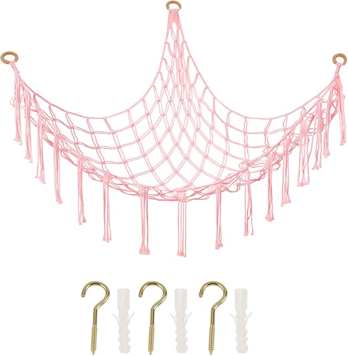 Stuffed Animal Storage Hammock Large Toy Storage Net Stuff Animal Hanging Organizer Holder for Plush Plushie Included Anchors & Hooks Teddy Bear Storage Boho Room Decor
