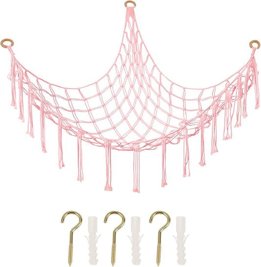 Stuffed Animal Storage Hammock Large Toy Storage Net Stuff Animal Hanging Organizer Holder for Plush Plushie Included Anchors & Hooks Teddy Bear Storage Boho Room Decor