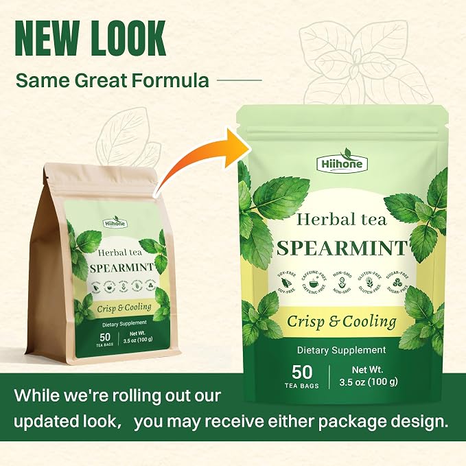 Hiihone Spearmint Tea Bags 50 Count – Pure Spearmint Leaf Herbal Tea, Caffeine-Free, Refreshing Mint Flavor, Supports Digestion & Everyday Wellness, Non-GMO