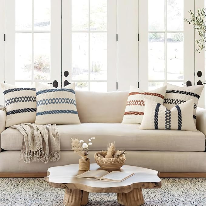 MIULEE Set of 2 Navy Blue Boho Decorative Lumbar Pillow Covers 12x20 Inch | Farmhouse Couch Throw Pillows, Modern Coastal, Cotton Cushion Covers, Macrame Woven Home Decor for Bed Sofa Chair