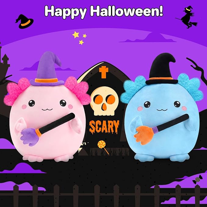 Halloween Axolotl Stuffed Animals, Axolotl Witch with Broom Stuffed Plush Halloween Party Gifts for Kids, Girls and Boys（Blue）