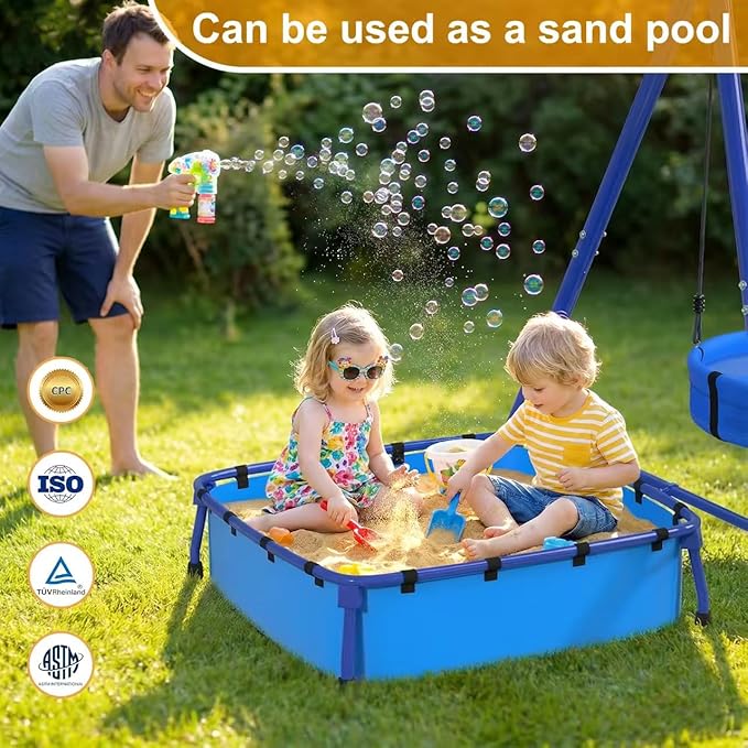5-in-1 Heavy Duty Metal Swing Set with Sandbox for Backyard, 800 LBS Capacity, Reinforced A‑Frame, Sandbox, Cradle Swing, Basketball Hoop, Soccer Net for Kids, Toddlers & Adults