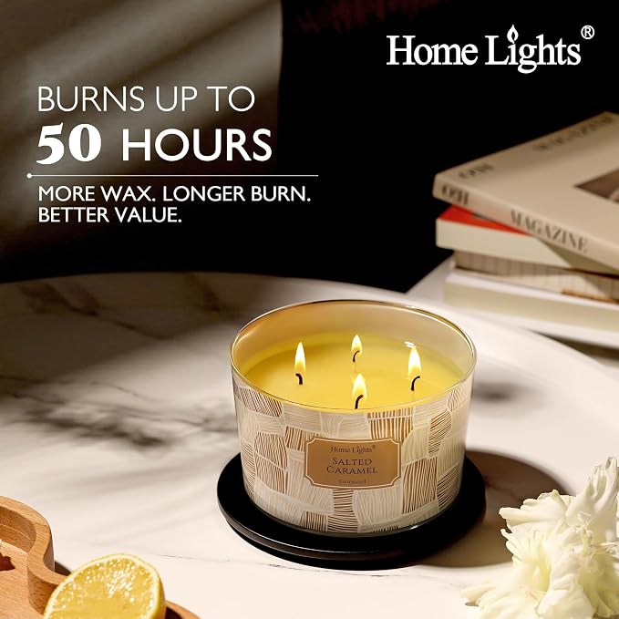 HomeLights Soy Wax Candles for Home Scented, 4-Wick Candles in Salted Caramel Scented, Rustic Modern Aromatherapy Candles Gift for Parties, Relaxing, 18oz