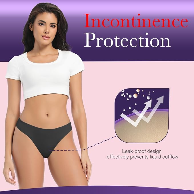 Women's Incontinence Thong Panties Washable Light Absorbency Leak Proof Underwear Bladder Control 5 Pack (5 Black, 2XL)
