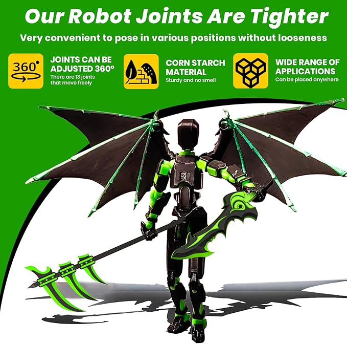 (Assembly Completed) T13 Action Figure Set,Dummy 13,Articulated Robot with Demon Wings, Titan 13 Robot,Mision 13,t13 Action Figure Accessories(Green Black)