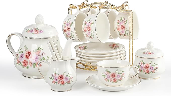 Sweejar 23 Pcs Floral Tea Sets with Metal Holder, Relief Gold Rim Porcelain Tea Sets for Adults, Cup and Saucer Set for 6, with Teapot, Sugar Bowl, Milk Jug, Spoons (Rose Flower)