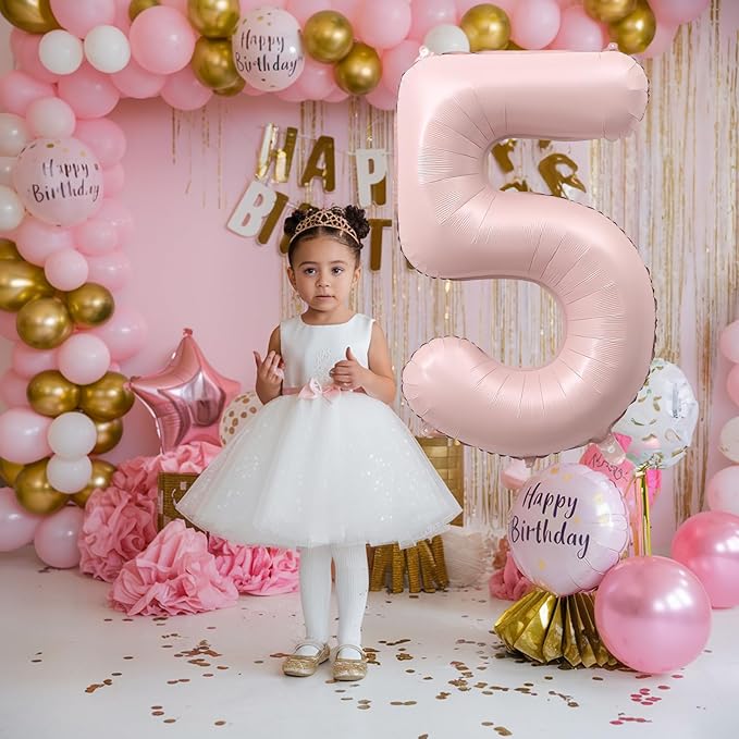Big Number 5 Balloons, Dusty Light Blush Pink Foil 5 Balloon Numbers 40 inch, Giant 5th Birthday Party Decor, Pastel Baby Pink Mylar Helium Self Inflating Balloon for Girls Anniversary Decorations