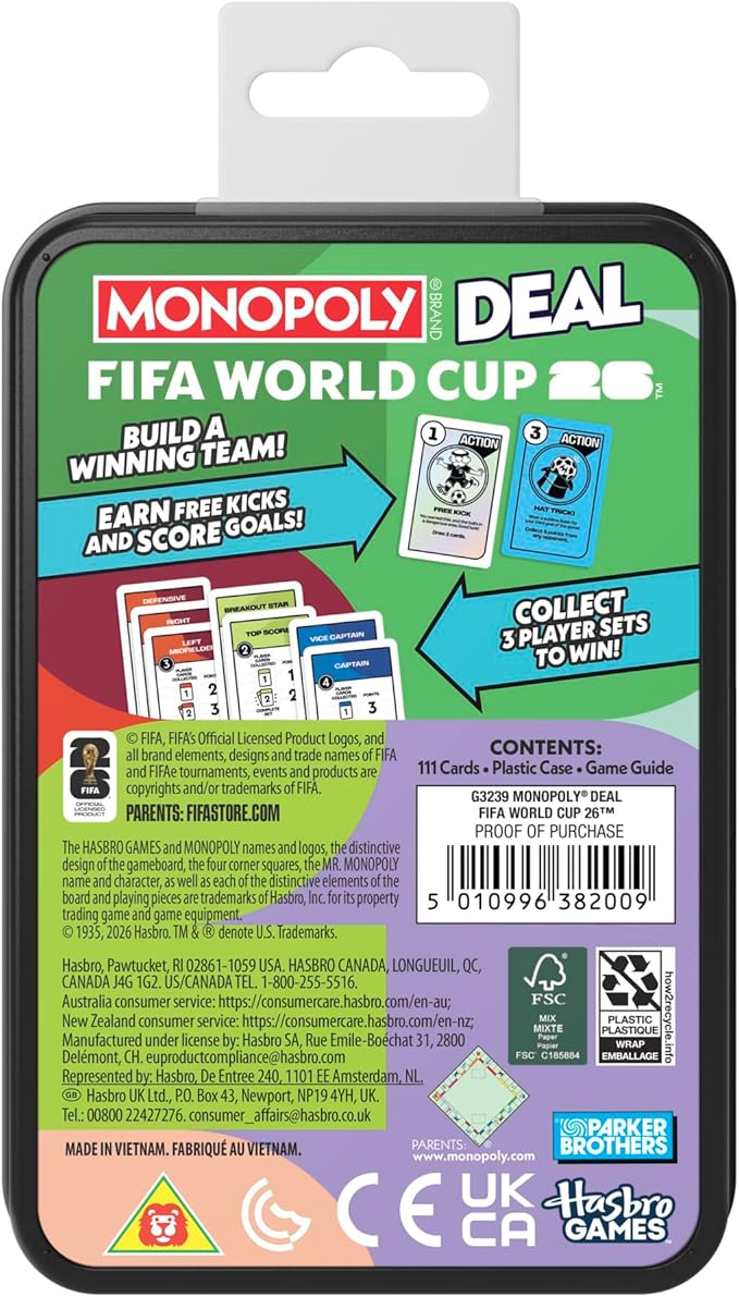 Monopoly Deal FIFA World Cup 2026 Edition Game – Officially Licensed FIFA World Cup Soccer Card Game for Kids – Ages 8+ – 2 to 5 Players – 15 Mins.