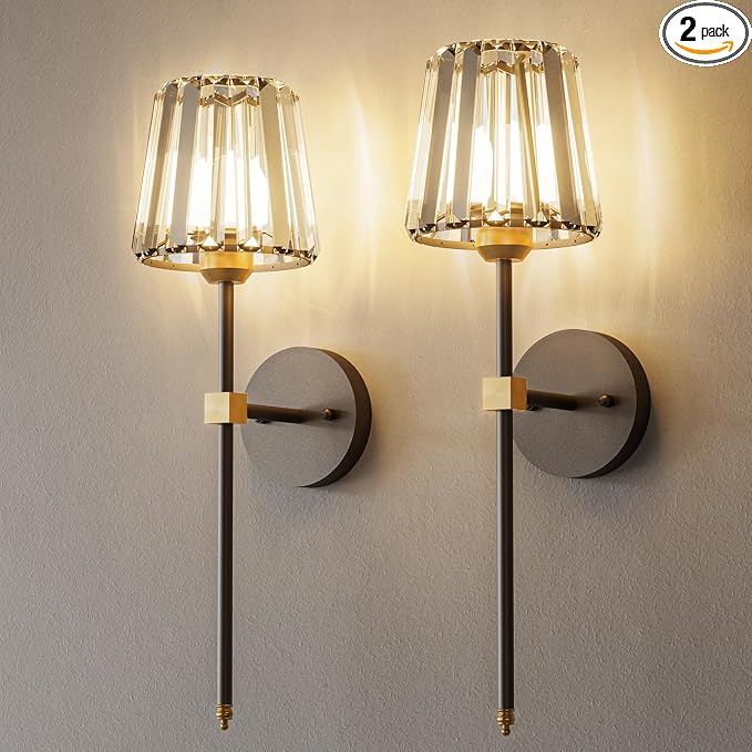 Crystal Battery Operated Wall Sconces Set of 2, Black and Gold Rechargeable Wireless Wall Lights with Crystal Lampshade, 12 RGB and 3CCT Dimmable Wall Lamps with Remote for Bedroom Living Room Hallway