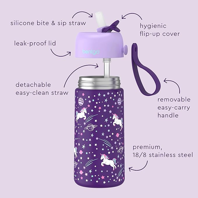 Bentgo® Kids Stainless Steel Insulated Water Bottle - Leak-Proof; Keeps Cool for 12 Hours; Durable, BPA-Free, Dishwasher Safe 14 oz. Cup for Ages 3+ for School/Sports/Daycare (Unicorn)