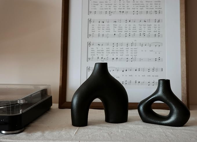 Carrot's Den Black Ceramic Modern Vase Set of 2, Donut Shelf Decor, Black | Pair for bookshelf and bookcase decor, mantel styling, or home staging. Holds dried stems and faux plants indoor.