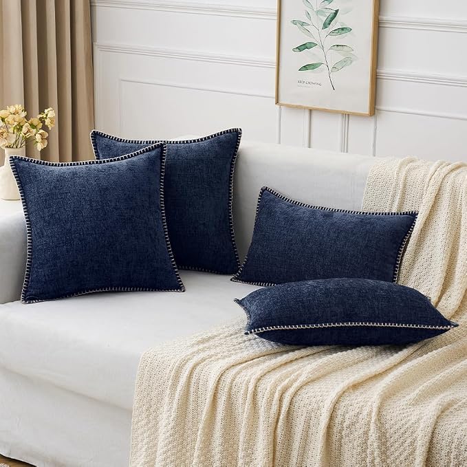 MIULEE Decorative Couch Throw Pillow Covers 20x20 Inch Navy Blue 2 Pack | Farmhouse Pillow Covers with Stitched Edge, Soft Chenille Cushion Cases, for Sofa Bed Living Room Home Decor