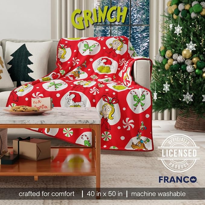 Franco Collectibles The Grinch By Dr. Seuss Holiday Christmas Super Soft Cozy Plush Throw, 40 in x 50 in, (Officially Licensed Product)