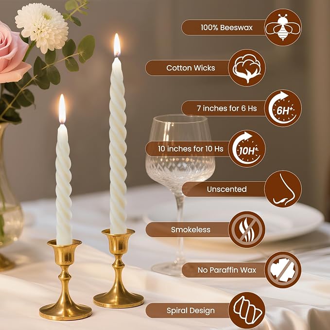 2PCS 10-Inch Pure Beeswax Spiral Taper Candles, Twisted Stick Candles, Dripless & Unscented for Weddings, Christmas, Dinner, Meditation - White