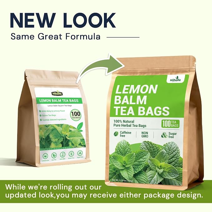 Lemon Balm Tea Bags, Pure & Natural Melissa Officinalis Herbal Tea, Premium Dried Lemon Balm Leaf with Naturally Lemony & Citrusy Flavor, Caffeine-Free, Non-GMO, 100 Count