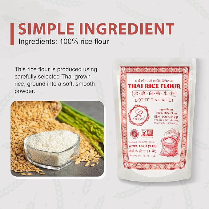 Soeos Rice Flour 16 Ounce (Pack of 4), Rice Flour for Baking or Cooking with Resealable Bag, Ideal for Mochi, Noodles, Dumplings & Desserts, Smooth Texture