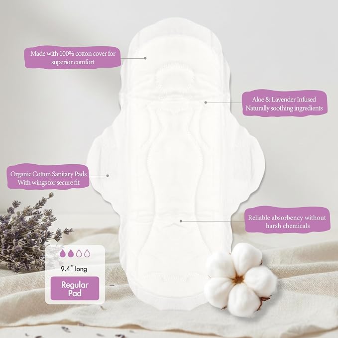 b.pure 100% Organic Cotton Regular Absorbency Herbal Feminine Pads with Wings | Chemical Free | Lavender & Aloe Infused | Regular Flow | 40-Count