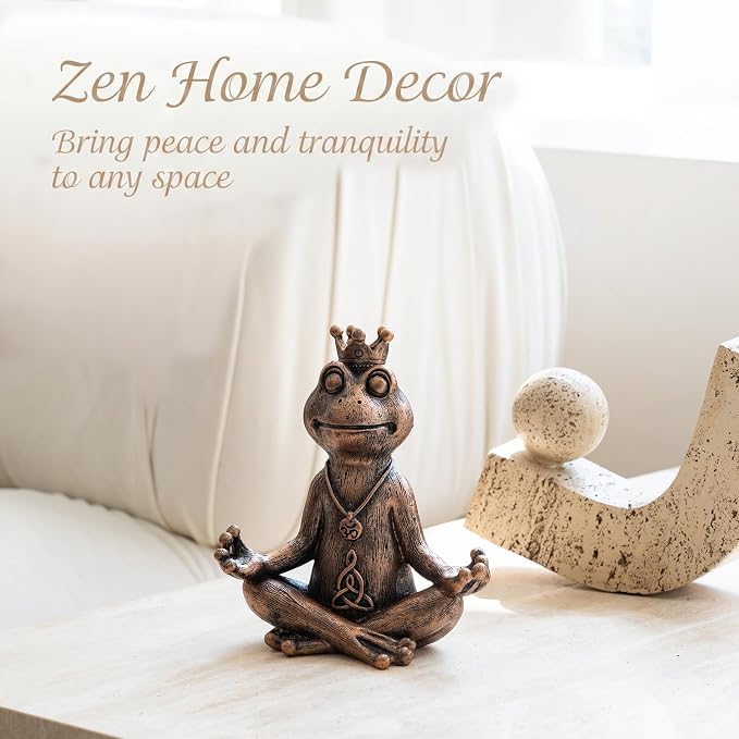 Meditating Zen Frog Statue Decor with Bonus Om Necklace - 5.8" Hand-Painted Resin Figurine - Yoga Room, Office Desk & Shelf Ornaments - Mindful Spiritual Gift for Women & Yoga Lovers(Bronze)
