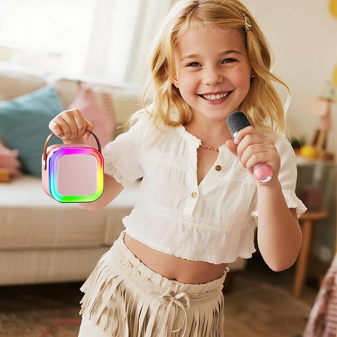 Kinglucky Mini Karaoke Machine for Kids, Top Birthday Gift Pick for Girls Ages 3, 4, 5, 6, 7, 8, 9, 10, 11, 12 Years Old, Kids' Personal Video Players Accessories with 2 Mics & Fun Voice Effects, Pink
