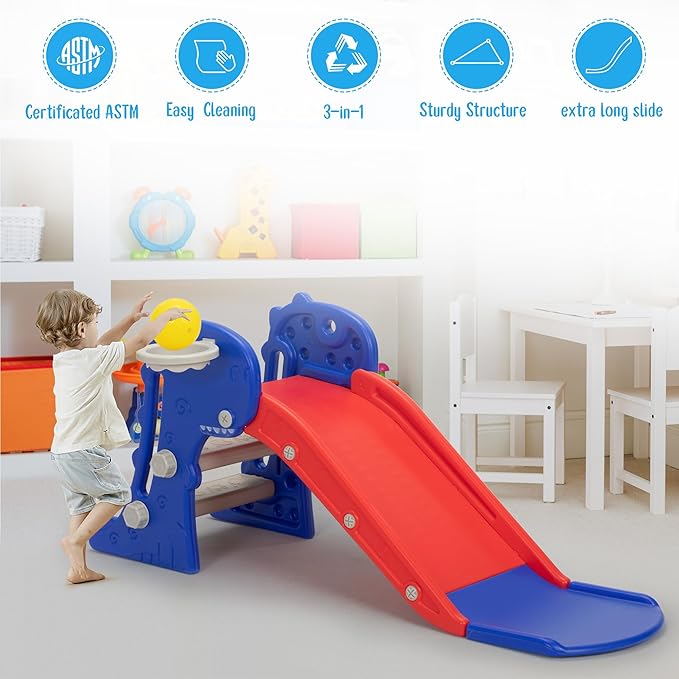 Nyeekoy 3 in 1 Toddler Slide, Kids Slide Climber Playset with Basketball Hoop, Indoor and Outdoor Playground for Kids, Folding Design Freestanding Baby Slide, Easy Assembly