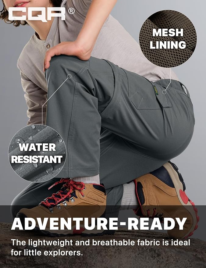 CQR Kids Youth Hiking Cargo Pants, UPF 50+ Quick Dry Convertible Zip Off Pants, Outdoor Camping Pants