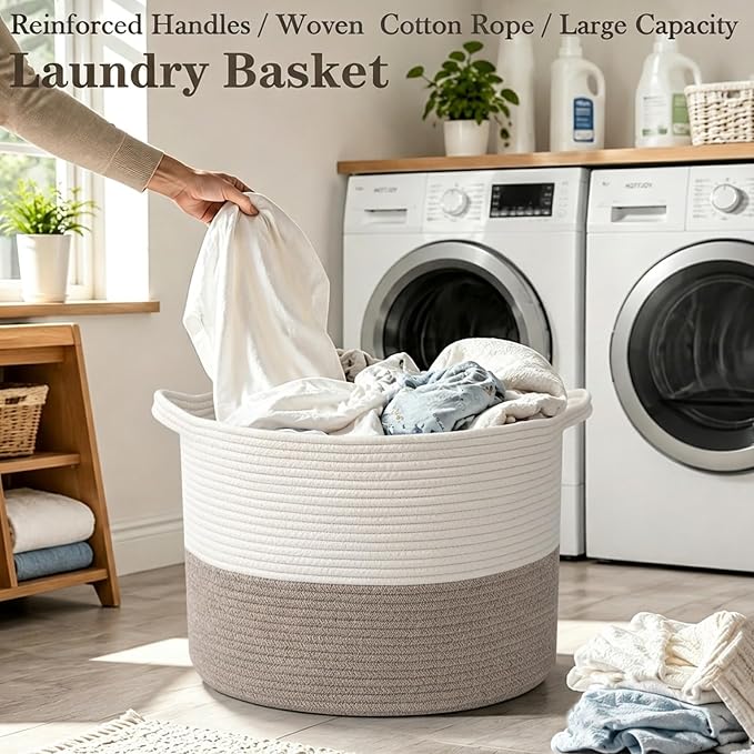 Large Woven Blanket Basket,65L Cotton Rope Laundry Basket | Collapsible Nursery Storage Bin with Sturdy Handles for Clothes, Toys, Pillows, Living Room Bedroom Bathroom - White & Brown