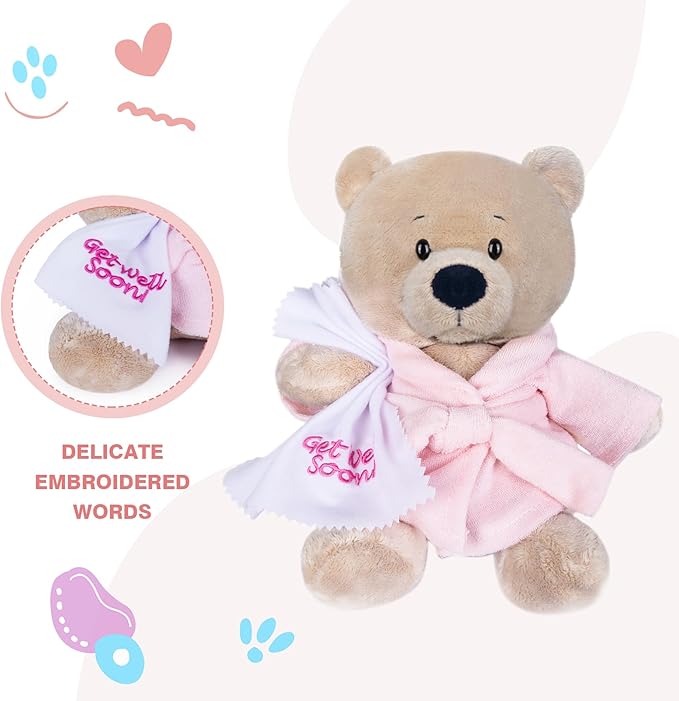 My OLi 9" Teddy Bears Cloth Bear Stuffed Animal Plush Toys Bear Dressed in Bathrobe with Soothing Towel “Get Well Soon” Sleeping Soft Toy Bedtime Gifts for Baby Kids Girls Boys，Pink