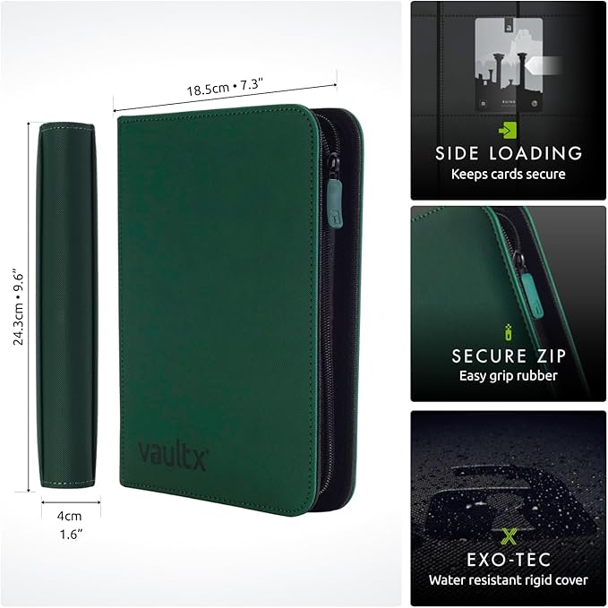 Vault X 4 Pocket Zip Binder, 160 Cards, Exo-Tec Material, 20 Side-Loading Pages (Green)