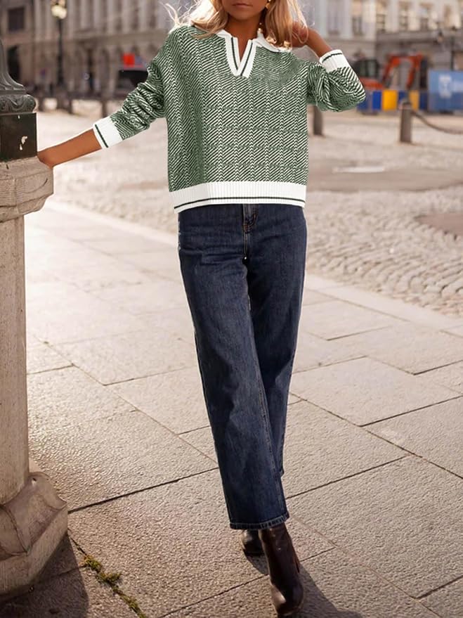 Saodimallsu Womens Fall Sweaters Tops Lapel V Neck Knit Color Block Shirt | Winter,Long Sleeve,Casual,Soft,Pullover,Cozy,Ribbed,Ladies,Chunky,Warm Sweaters,Checkered,Tunic,Work
