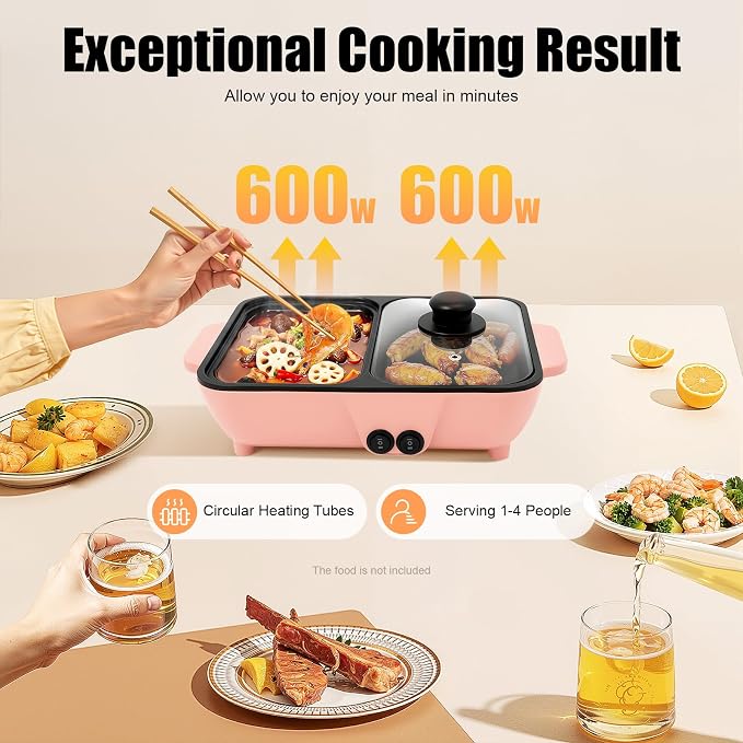 Electric Hot Pot with Grill 2 in 1 Korean BBQ Grill Indoor Cooking Electric Shabu Shabu Pot Indoor Smokeless Grill, Non-stick & Independent Dual Temperature Control (Pink+Black)