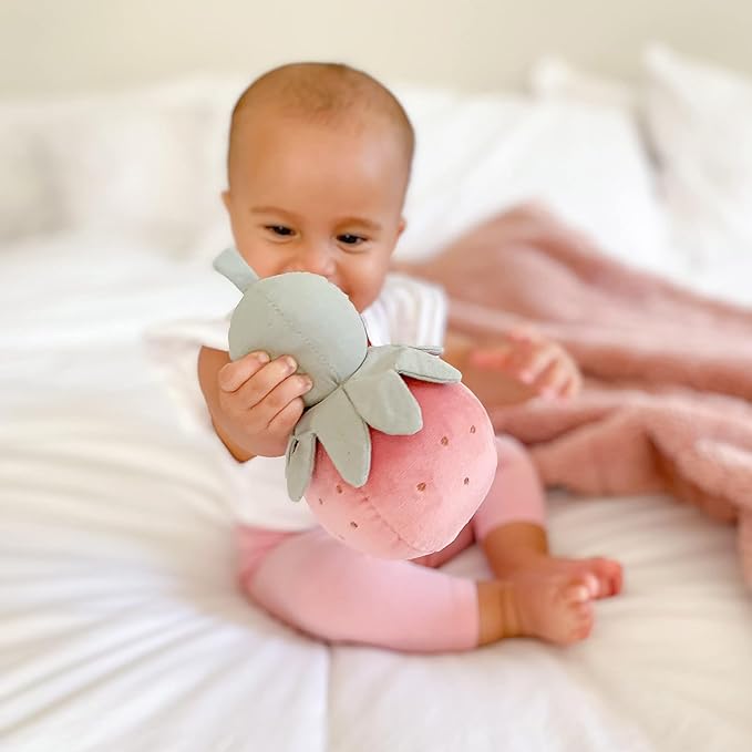 MON AMI Pinky Berry Soft Baby Rattle Toy – 7” Plush Stuffed Animal with Sound, Baby Rattle for Infants